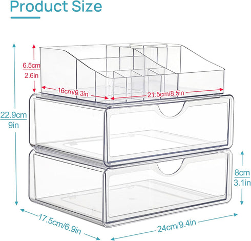 Vtopmart 3 Tier Clear Makeup Organizer with Drawer, Cosmetic Storage for Dresser Countertop and Bathroom Vanity, Beauty Holder for Lipstick Brush Skincare
