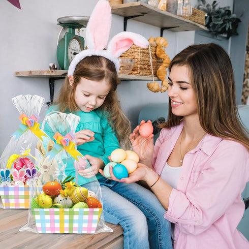 Zoketriton 24 Set Easter Buffalo Plaid Baskets for Gifts Empty with Cellophane Basket Bags Bows, Easter Market Tray