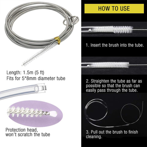 Flexible Stainless Steel Cleaning Brush, Long (61”) and Short (3.3”) Nylon Bristle Tip for Aquarium & Hose
