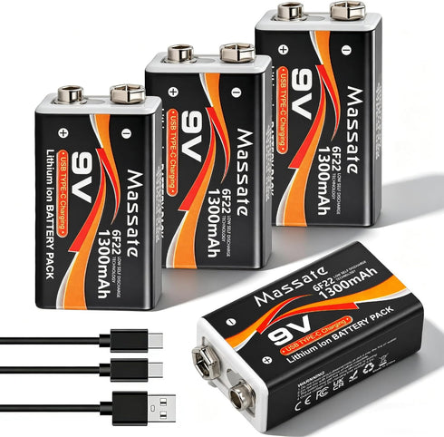 Massate 4 Pack 9V Rechargeable Batteries 1300mAh: USB C Lithium Ion Battery with