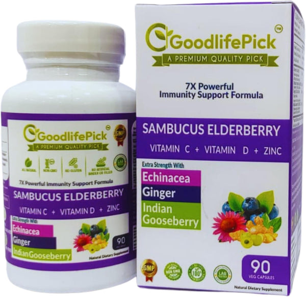 7 in 1 Elderberry with ZINC, Vitamin C, D, Echinacea, Ginger & Amla, Premium Capsules 90 ct, Non-GMO