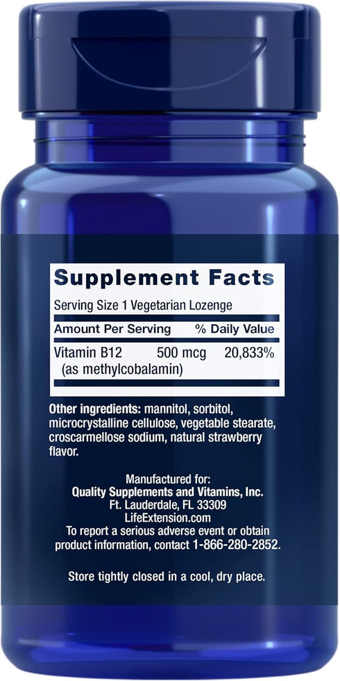 Life Extension Vitamin B12 Methylcobalamin 500mcg - Vitamin B12 Supplement For General Energy and Brain Health - Sugar Free Vegetarian Lozenges Dissolve in Your Mouth - Once Daily - 100 Count