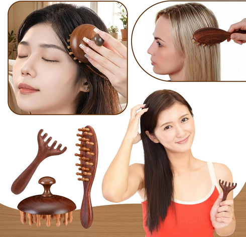 Yiyiring 6 Set Pcs Natural Wooden Scalp Massager Comb Tool with Flocked Storage Bag Scalp Massage Tool for Stress