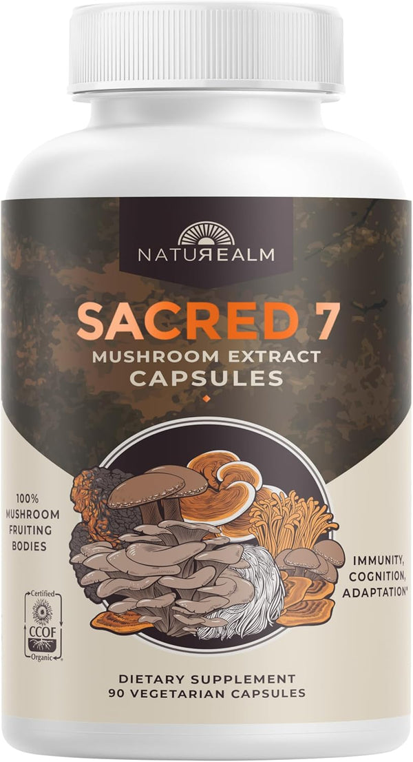 Naturealm Sacred 7 Mushroom Extract Capsules - Lion’s Mane, Reishi, Chaga & More - 100% Fruiting Bodies, 30-Day Supply