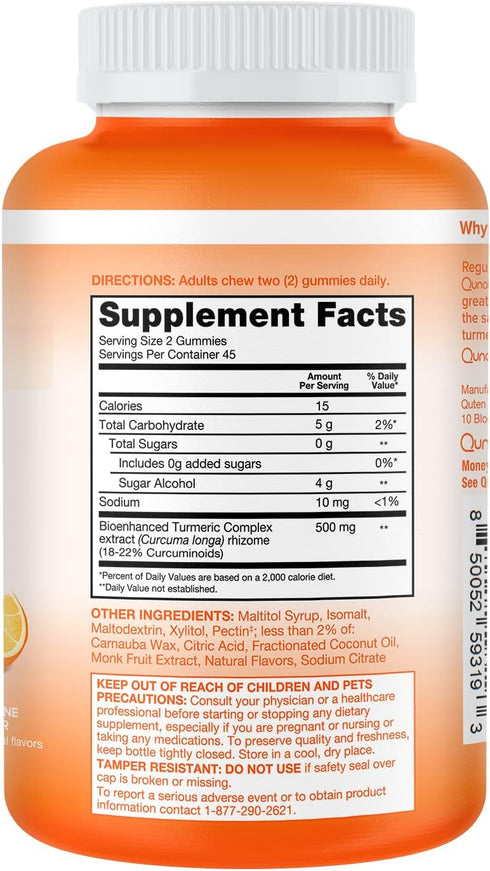 Qunol Zero Sugar Turmeric Gummies, Gummy with 500mg Turmeric Curcumin, Vegetarian, Gluten Free Joint Support