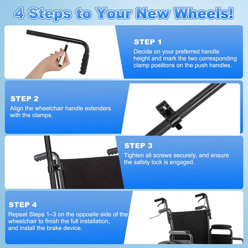 Deerdtride Upgraded Wheelchair Handle Extenders with Brake and Reinforced Design, Adjustable Universal Extension