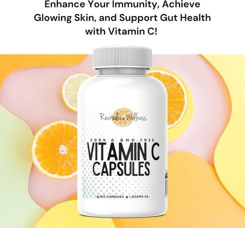 Vitamin C Capsules | Pure, Corn & GMO-Free | 1000 mg Vitamin C Per Capsule | 200 Capsules.