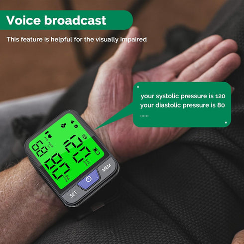Automatic Wrist Blood Pressure Monitor with Voice, Digital 3 Color Backlit LCD Display, 240 Readings for Dual Users