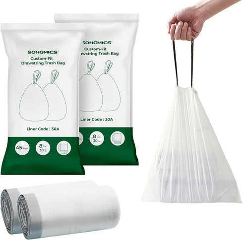 SONGMICS Trash Bags for 8-Gallon Trash Cans | 90 Count | Drawstring Kitchen Garbage Bags | Liner Code 30A