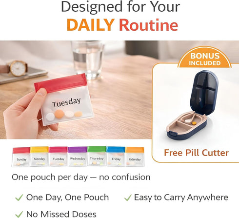 OGAK 7 Set Day Pill Pouches with Labels, Reusable Silicone Pill Pouch Bags, Travel Medicine Organizer with Pill Cutter