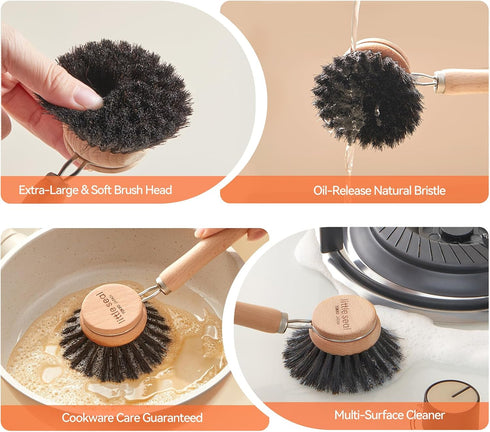 Little Seal Set 2, Dish Brush of Wooden Handle Natural Bristle Scrubber, Non-Scratch Grease Absorbent for Non-Stick