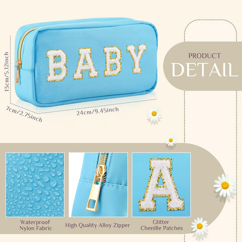 Sanwuta 2 Pieces Nylon Cosmetic Bag Chenille Letter Makeup Bag Pouch Zipper Travel Toiletries Pouch Preppy Patch Cosmetic Travel Toiletry Bag for Women and Girls (Baby and Mama, Blue, Beige)