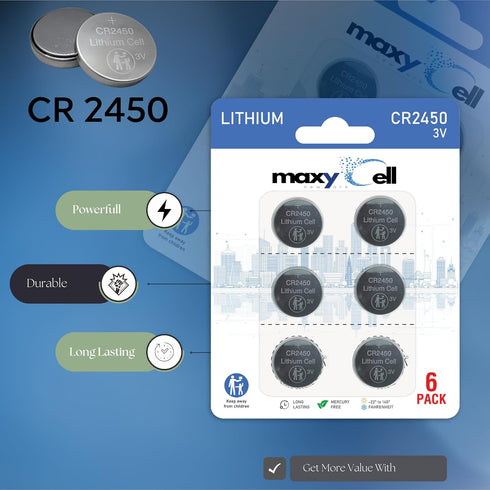 MaxyCell 2450 CR2450 3V DL2450 (6 Pack) Lithium Coin Cell Battery High-Capacity Long-Lasting Reliable Power