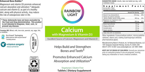 Rainbow Light Calcium With Magnesium and Vitamin D3 Tablets, 180 Count - Bone Health and Teeth Support Supplement
