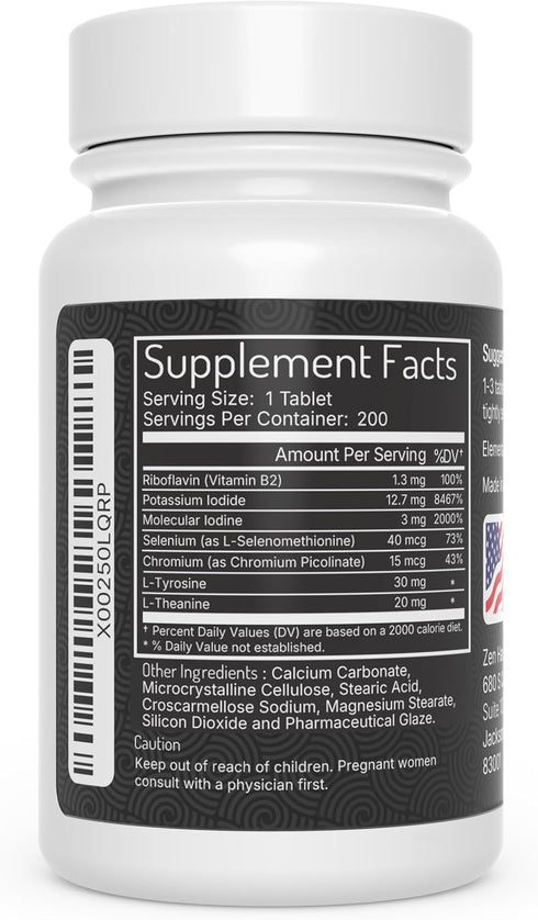 Zen Haus Iodine Supplement 12.5 mg with Selenium - 200 Tablets for Thyroid & Immune Support