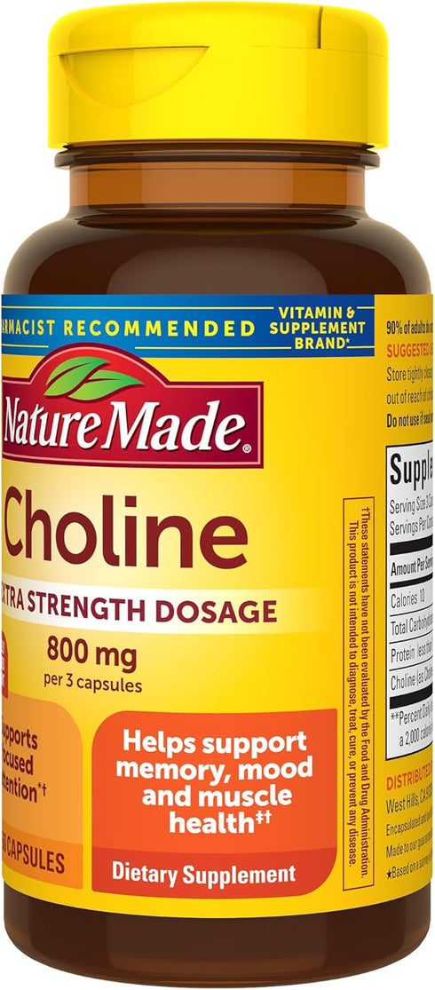 Nature Made Extra Strength Choline Supplements, 800 Mg per 3 Capsules, 60 Capsules, Brain Health, Mood, Muscle & Liver