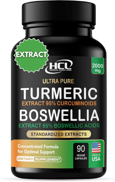 Turmeric Boswellia Extract Supplement, 2000 mg Extra Strength with 95% Curcuminoids, Made in USA