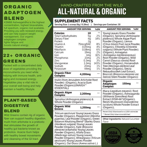 TruWild Greens Superfood Cucumber Powder, 22+ Greens & Anti-Oxidants, 30 Servings Per Tub