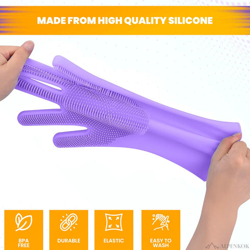Silicone Dishwashing Gloves, Reusable Rubber Gloves for Cleaning, Kitchen Scrubber, 1 Pair, Purple