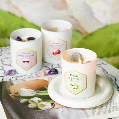 Kamria 7oz Jasmine Scented Candle with Crystals Inside, Natural Soy Wax Aromatherapy with Green Stones & Gold Flakes