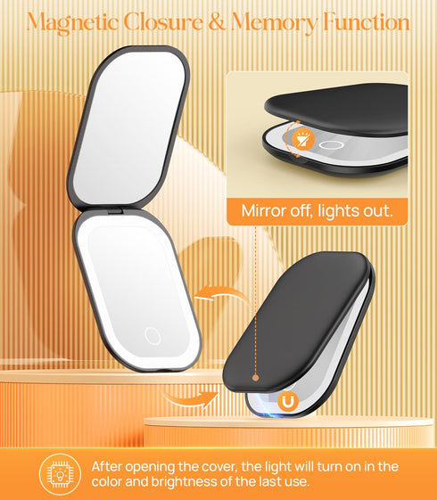 Gospire Lighted Travel Makeup Mirror, 3X Magnification Rechargeable Mini Mirror with Adjustable Light - Black