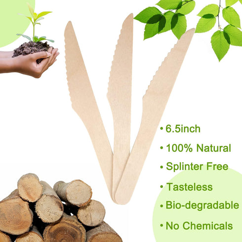 100 Pack Disposable Knives - 6.5 Inch Length Wooden Cutlery - Biodegradable Silverware For Catering Formal Events, Parties, BBQ, Picnic, Camping, Travels, Weddings, Dinner And All Other Occasions by TANGTEA