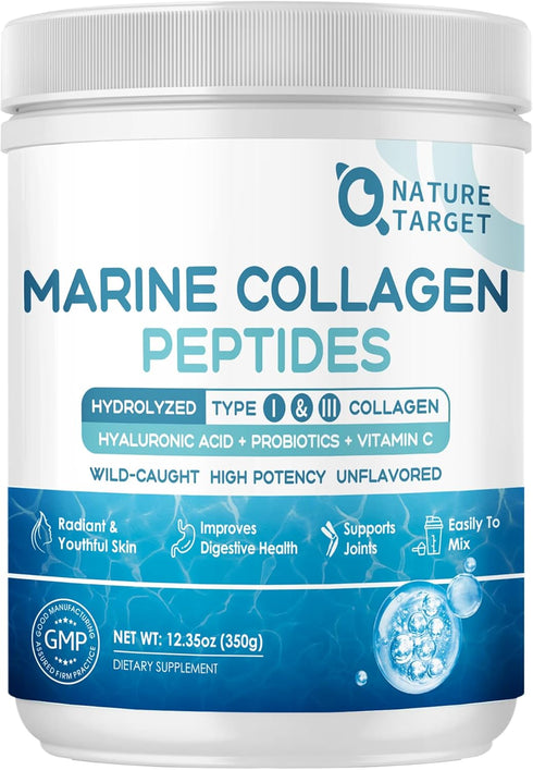 Marine Collagen Peptides Powder - Type I & III Hydrolyzed Collagen with Probiotics, Vitamin C & Hyaluronic Acid for