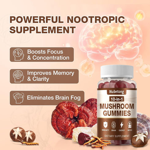 Nubetong Gummies 10x Immune (2 Pack) Mushroom - Mushroom Supplement for Adults with Lion's Mane, Reishi, Chaga