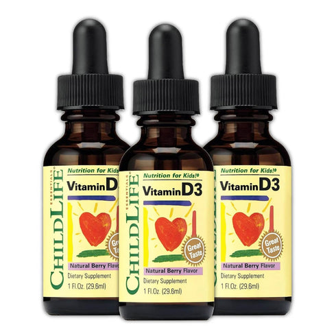 CHILDLIFE ESSENTIALS Vitamin D3 Drops for Kids, 500 IU per Drop, Natural Berry - 1 Fl Oz (Pack of 3)