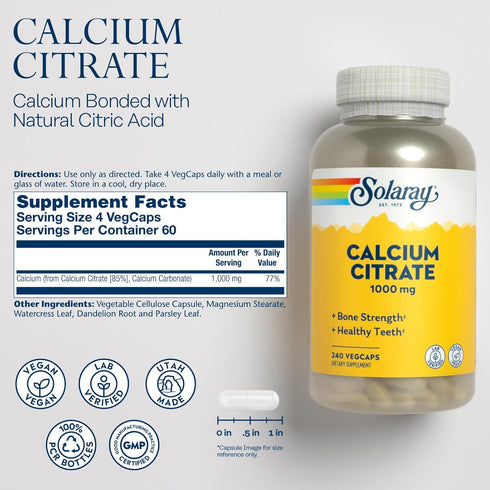 Solaray Calcium Citrate 1000mg, Chelated Calcium Supplement for Bone Strength, 60 Servings, 240 VegCaps