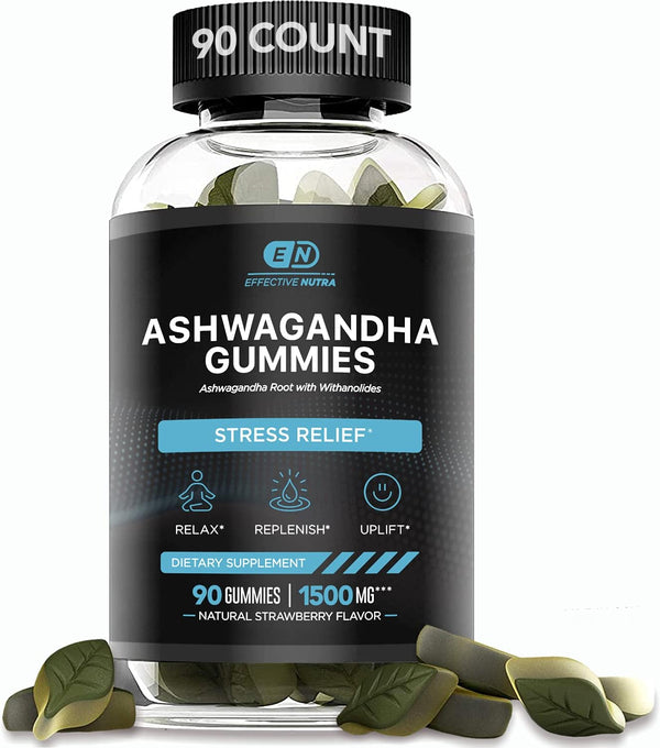 Ashwagandha Gummies 1500mg | Stress Relief, Immune Support, Calm Mood | 90 Count, Natural Strawberry Flavor