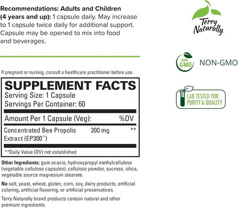 Terry Naturally Propolis Extract EP300, 60 Capsules - Supports Immune System, Upper Respiratory & Children’s Ear Health