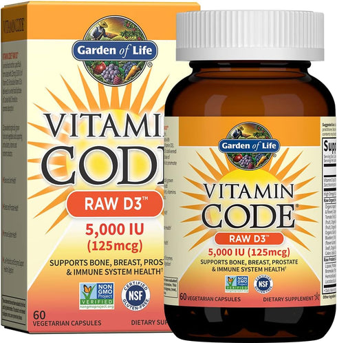 Garden of Life Vitamin D, Vitamin Code Raw D3, 5000 IU, 60 Vegetarian Capsules for Bone Health