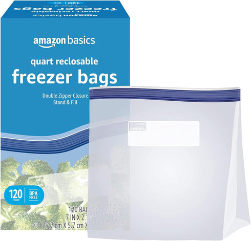 Amazon Basics Reclosable Freezer Quart Bags, Stand & Fill Base, 120 Count