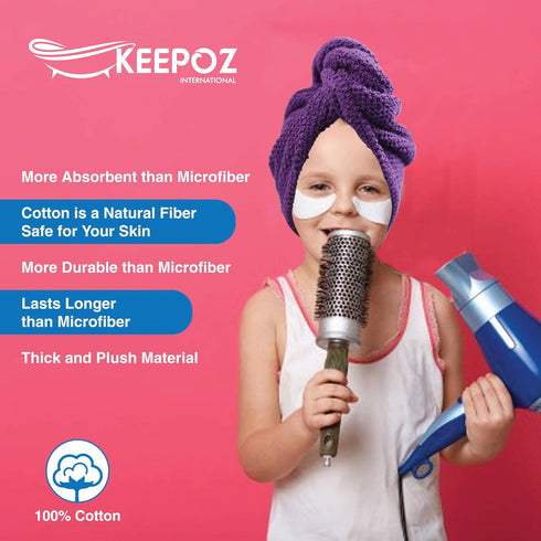 KEEPOZ Hair Towel Wrap - Quick Dry 100% Cotton Super Absorbent Turban Head Wrap for Women (Purple Check, 2 Pcs)