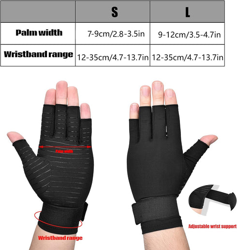 Copper Wrist Compression Arthritis Gloves (1 Pair), Fingerless Glove with Adjustable Strap for Hand Pain Relief, Fits