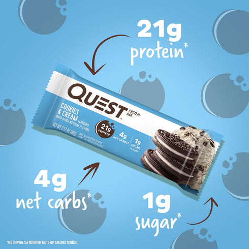 Quest Nutrition Cookies & Cream Protein Bars - 21g Protein, 1g Sugar, 4g Net Carb, Gluten Free, Keto Friendly, 12 Count