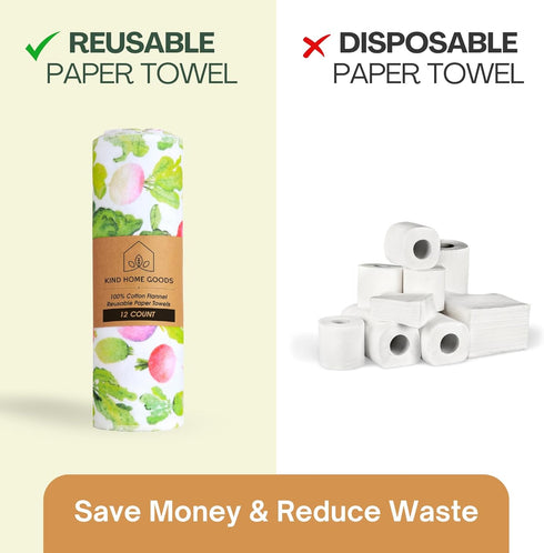 Reusable Paper Towels Washable Roll (12”x10”), Soft 100% Cotton Flannel, Kitchen Paper Towels, 12 Pack