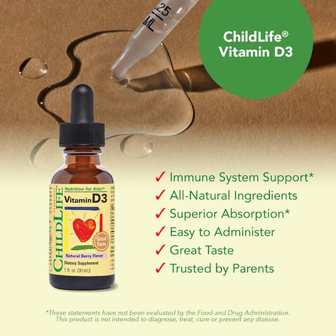 CHILDLIFE ESSENTIALS Vitamin D3 Drops for Kids, 500 IU per Drop, Natural Berry - 1 Fl Oz (Pack of 3)