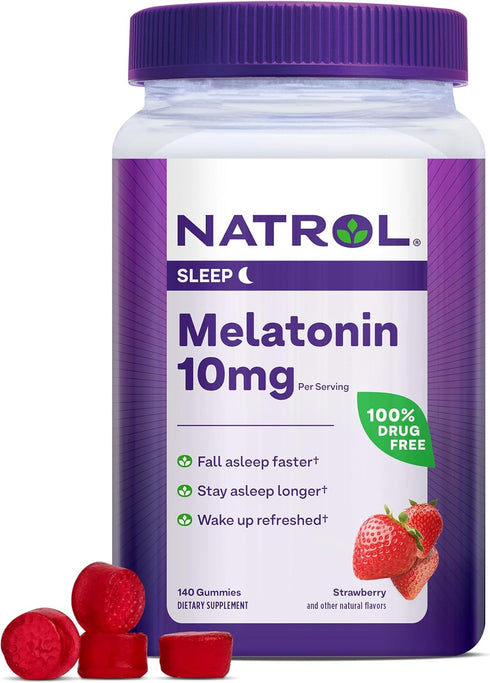 Natrol 10mg Melatonin Gummies for Sleep Support, 140 Strawberry-Flavored Gummies, 70 Day Supply