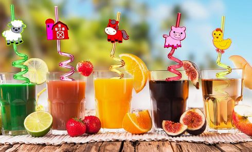 24pcs Farm Animals Party Favor Straws, Reusable Drink Birthday Party Straws, Chicken Sheep Horse Cow Pig Farm Party