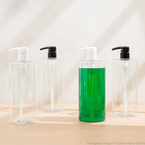 Youngever 4 Pack Empty Shampoo Pump Bottles - 32 Ounce (1 Liter), Plastic Cylinder with Lockdown-Leak Proof-Pumps