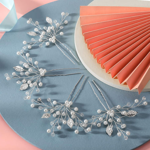 WILLBOND 8 Pcs Bride Wedding Pearls Hair Pins - Bridal Leaf Flower Wedding Hair Accessories Rhinestone Bridesmaid U