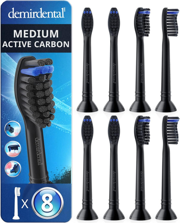 Active Charcoal Medium Toothbrush Heads | Compatible with Philips Sonicare | Replacement Heads - 8 Pack (Black)
