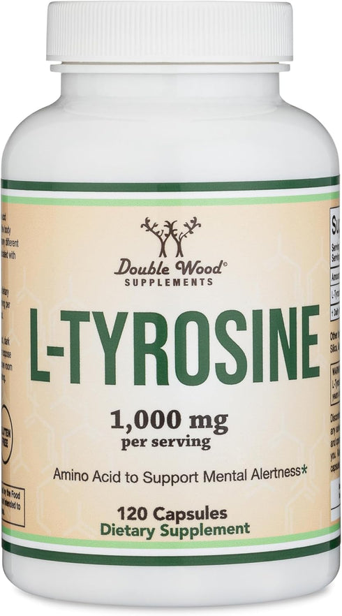 L-Tyrosine 1,000mg per Serving, 120 Veggie Capsules (Amino Acid Supplement for Memory, Attention, Focus) by Double Wood