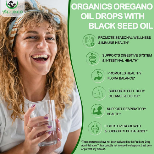 Vita letuo Immune,Digestive Organic Oil of Oregano with Black Seed Oil, Oregano Oil Liquid Drops w/Garlic Olive Leaf