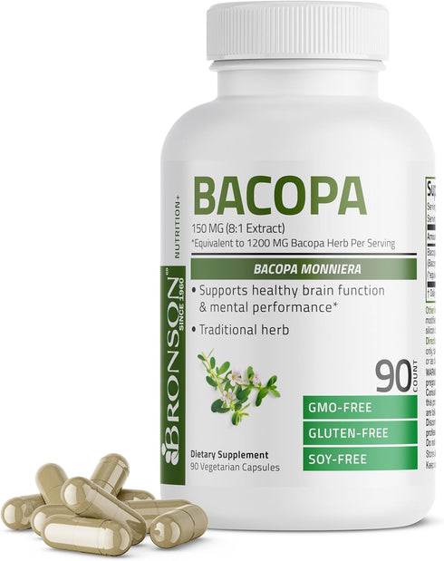 Bronson Bacopa | 1200mg Equivalent from 8:1 Extract | 90 Vegetarian Capsules - Supports Healthy Brain Function