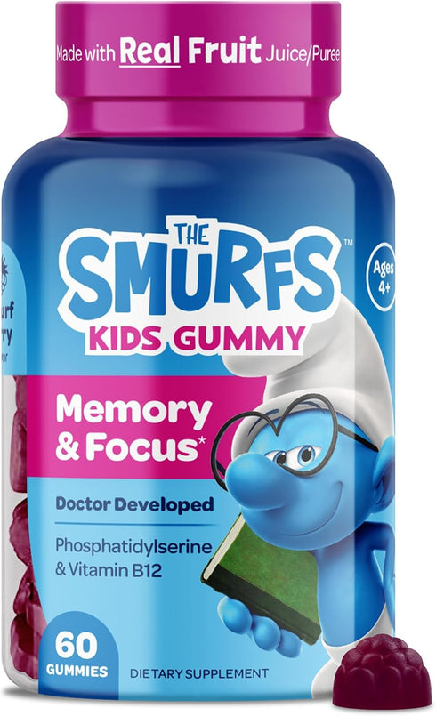 The Smurfs Nootropic Gummies for Kids, 60 Vegan Gummies - Vitamin B12 & L-Theanine for Focus and Memory, Made with Real