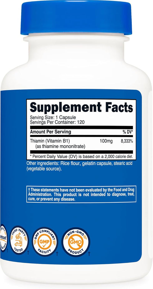 Nutricost Vitamin B1 (Thiamine) 100mg, 120 Capsules | Gluten Free and Non-GMO