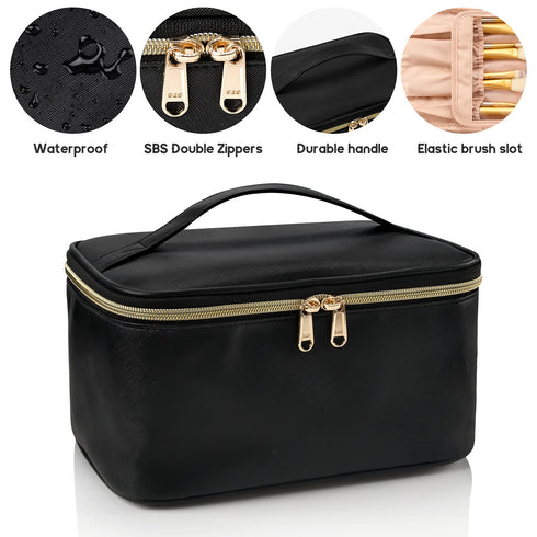 OCHEAL Makeup Bag, Portable Cosmetic Bag, Large Capacity Travel Makeup Case Organizer, Black Toiletry Bag for Girls